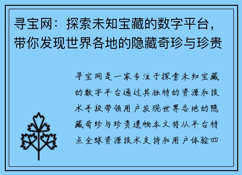 寻宝网：探索未知宝藏的数字平台，带你发现世界各地的隐藏奇珍与珍贵遗物